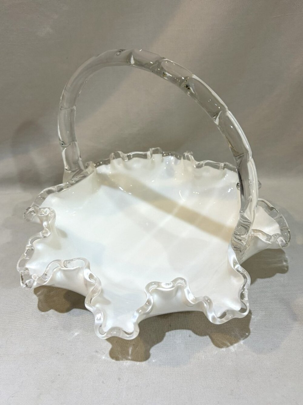 Vintage Fenton Milk Galss Silver Crest Basket Ruffled Rim with Handle
